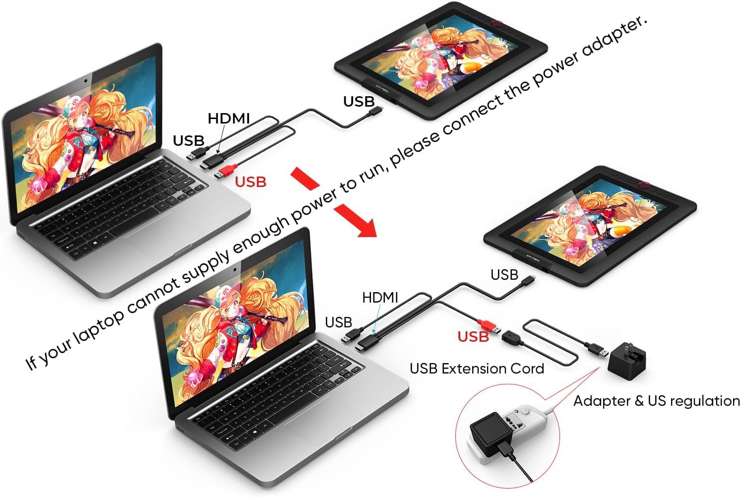 Demonstrates two different setup methods for connecting the drawing tablet to a laptop, showing how to properly power the device depending on the laptop's power output capability.
