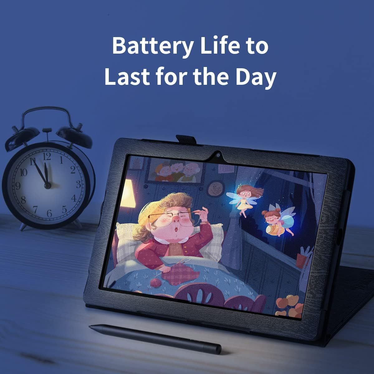 Communicates that the tablet has long-lasting battery performance that can last throughout an entire day, reassuring parents or buyers about extended usage without frequent charging. Highlights the…