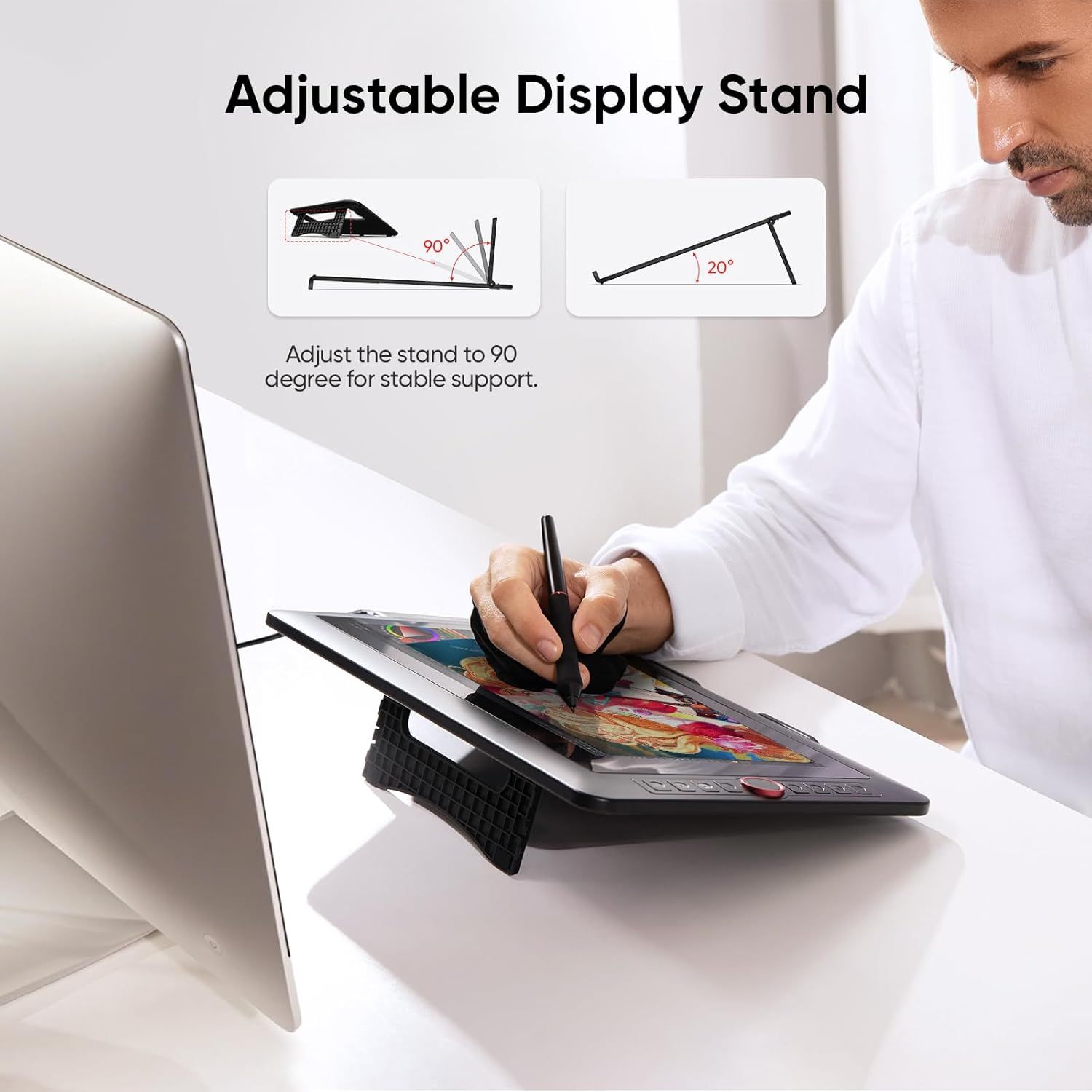 Demonstrates the adjustable stand feature with specific angle options (90° and 20°) to reassure shoppers that the product offers flexible positioning for comfortable use and stable support.