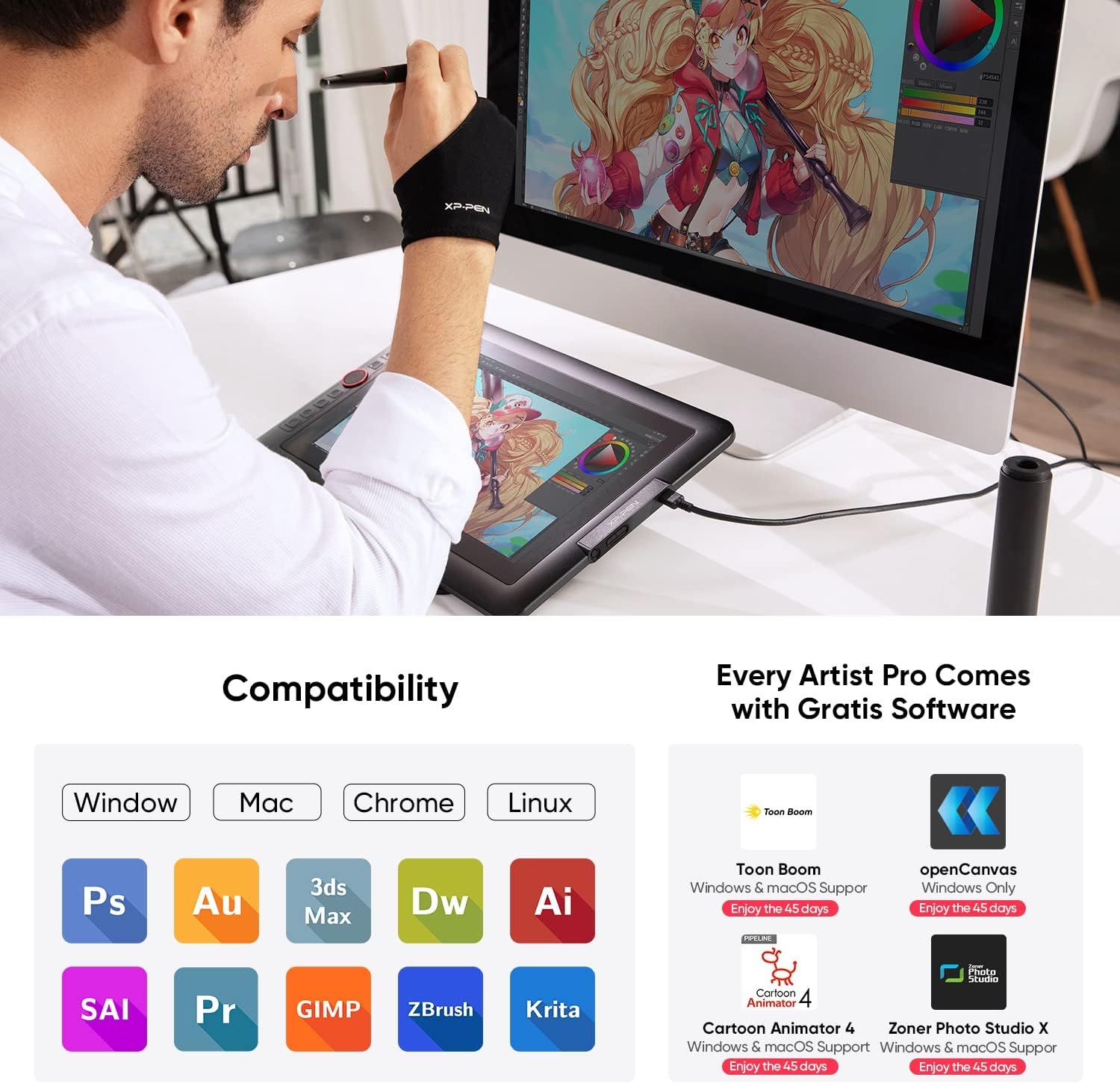 Demonstrates the product's broad compatibility across multiple operating systems (Windows, Mac, Chrome, Linux) and professional creative software applications, reassuring buyers that the drawing…