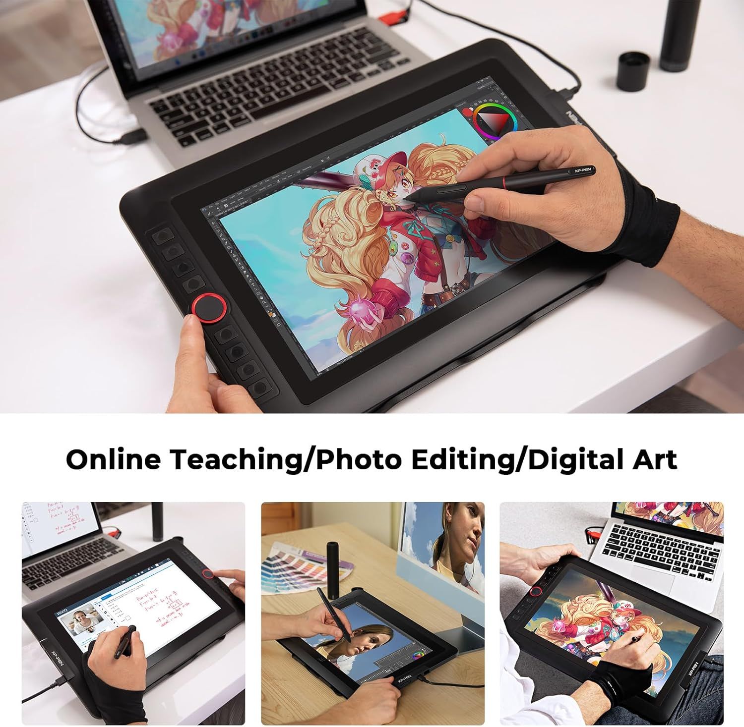 Demonstrates the versatility of the drawing tablet by showing it can be used for multiple professional applications including online teaching, photo editing, and digital art creation.