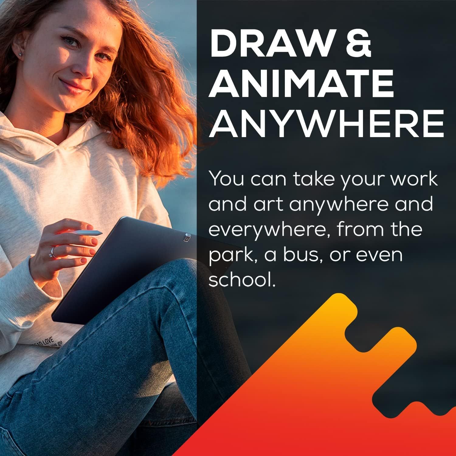 Demonstrates that the tablet can be used for drawing and animation in various locations (park, bus, school), emphasizing versatility and portability for creative work. Highlights the key benefit…