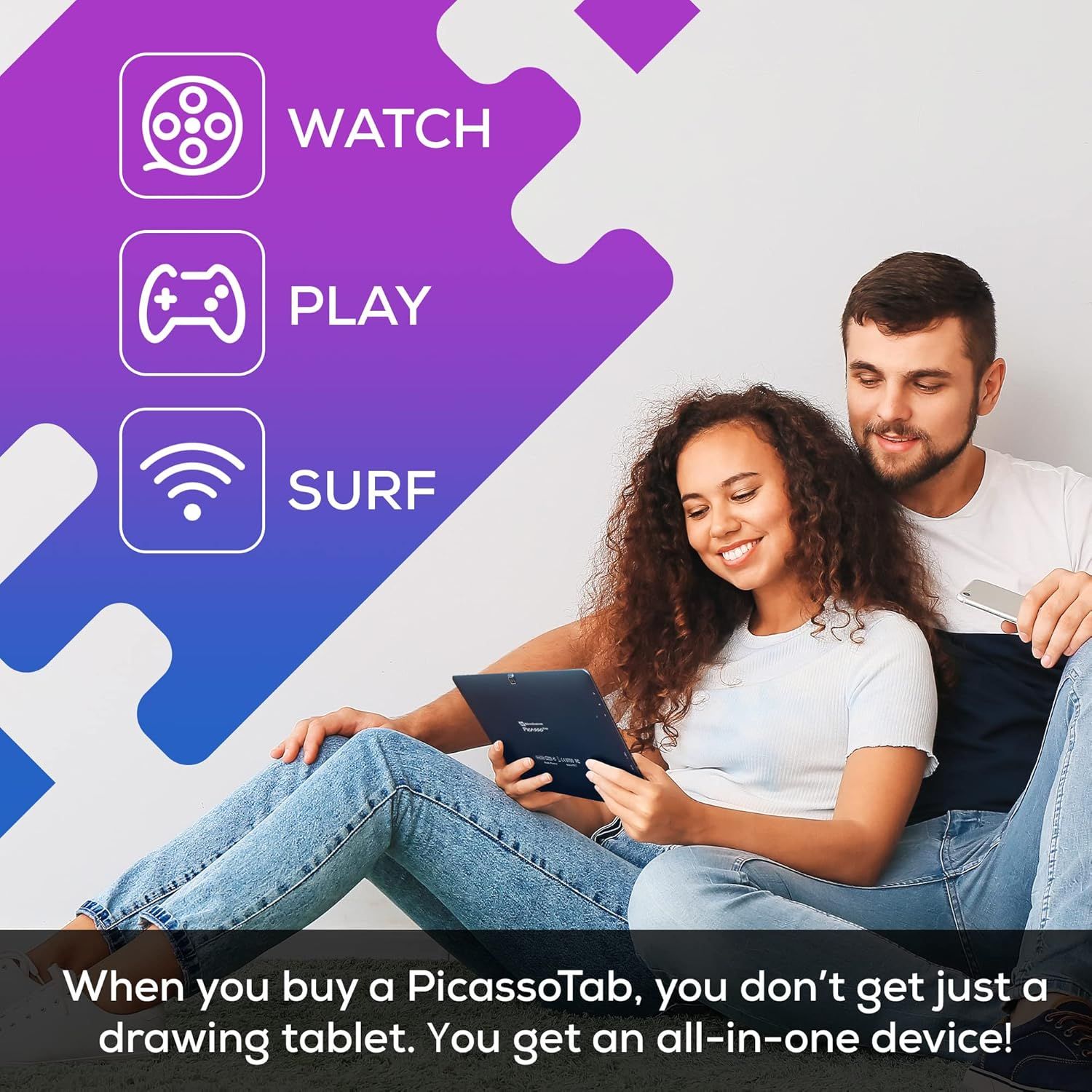 Communicates that the PicassoTab is a versatile all-in-one device with multiple entertainment and connectivity capabilities, not just a drawing tablet.