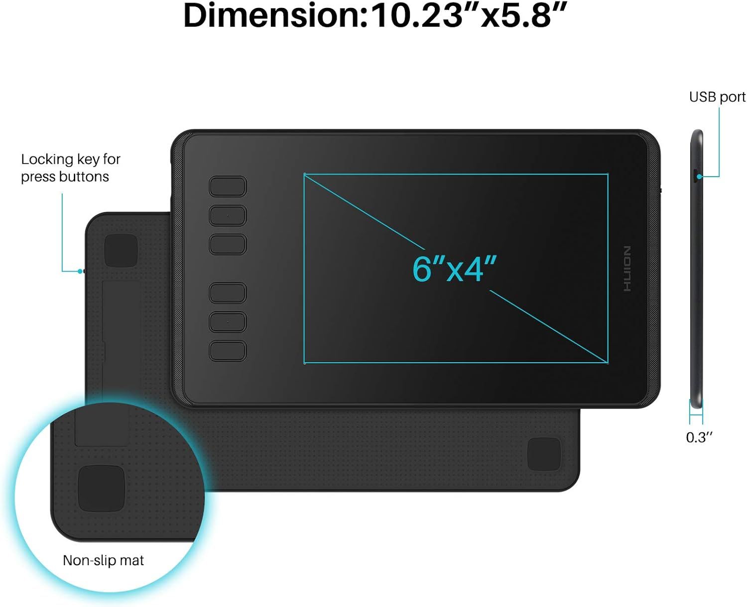Communicates the exact physical dimensions of the drawing tablet (10.23" x 5.8" overall, 6" x 4" active area, 0.3" thickness) to help shoppers understand the product's size and portability. Breaks…
