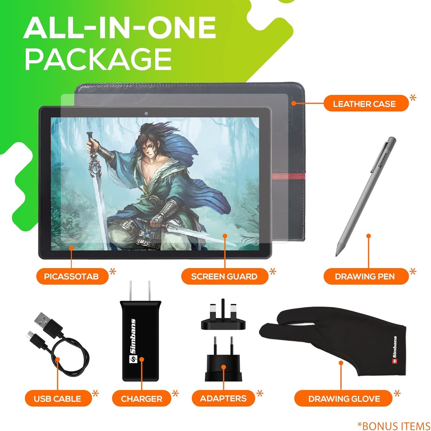 Shows all items included with the purchase to communicate value and completeness of the package, including the tablet, leather case, screen guard, drawing pen, USB cable, charger, adapters, and…