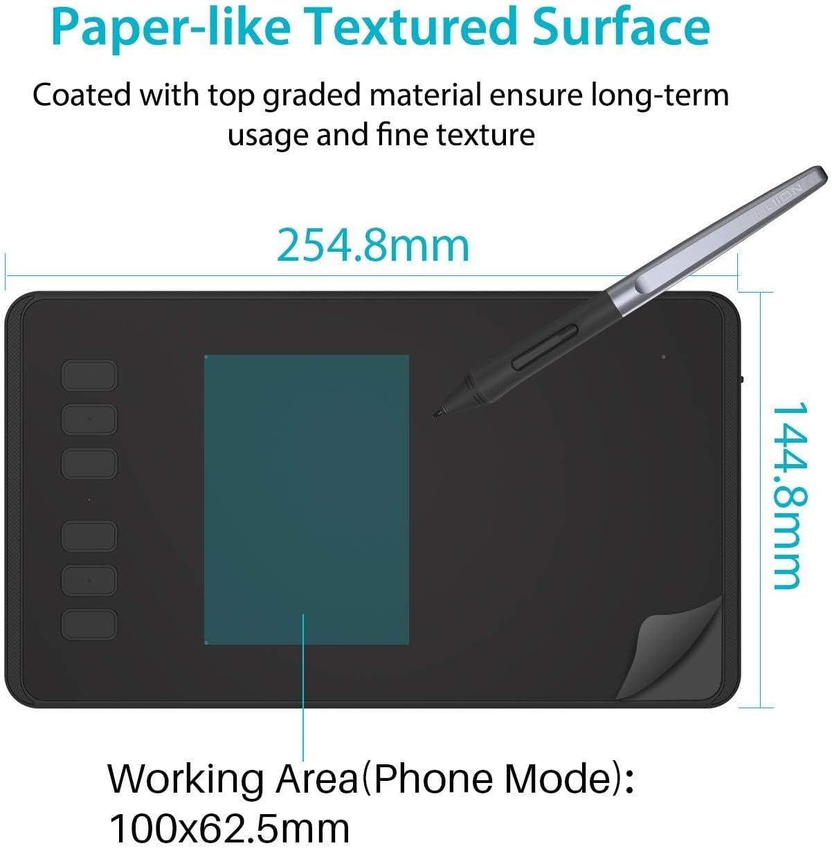 Communicates the exact physical dimensions of the drawing tablet (254.8mm x 144.8mm) and its working area (100x62.5mm in phone mode) to help shoppers understand the product's size and usable space.…