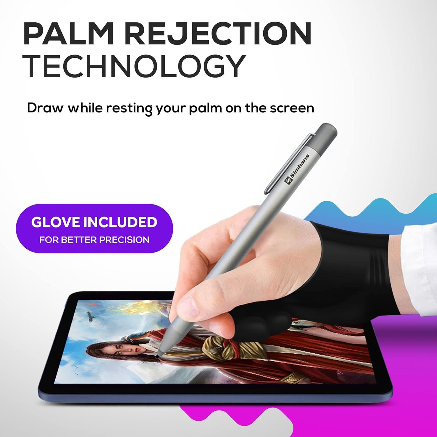 Communicates that the stylus allows users to rest their palm on the screen while drawing, providing a natural and comfortable drawing experience without accidental touch inputs. Informs shoppers…
