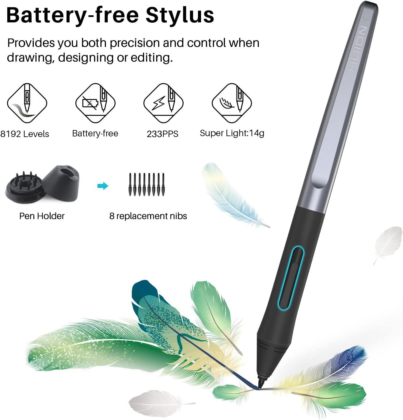 Communicates multiple key features and benefits of the stylus in a segmented layout with icons and text, showing precision levels, battery-free operation, responsiveness, weight, and included…