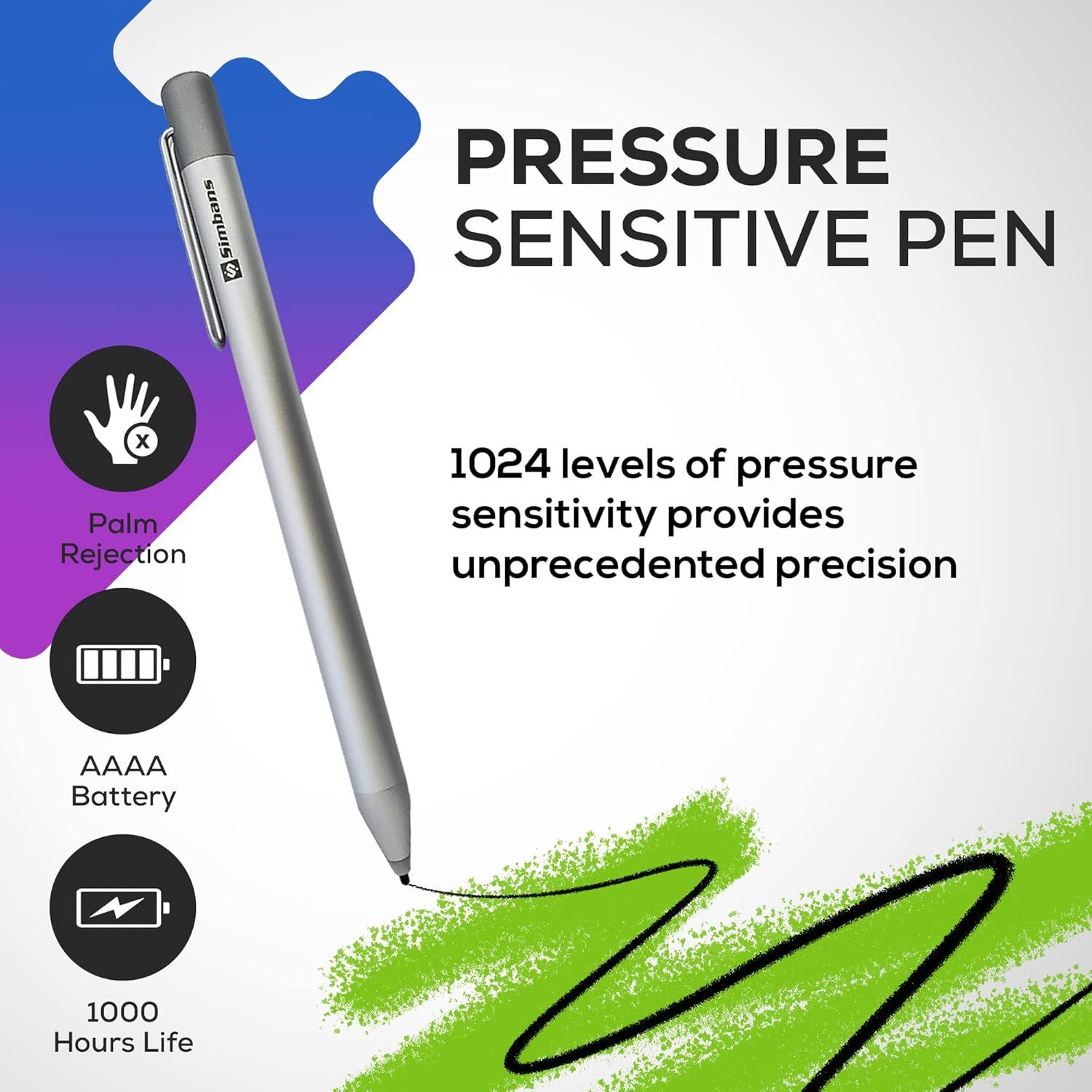 Communicates multiple key features of the stylus pen including its precision pressure sensitivity, palm rejection technology, battery type, and extended battery life to demonstrate the product's…