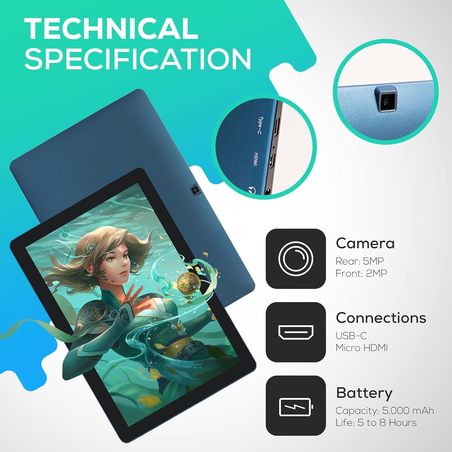 Communicates multiple technical specifications of the tablet including camera quality, connection ports, and battery performance to help shoppers understand the device's capabilities.