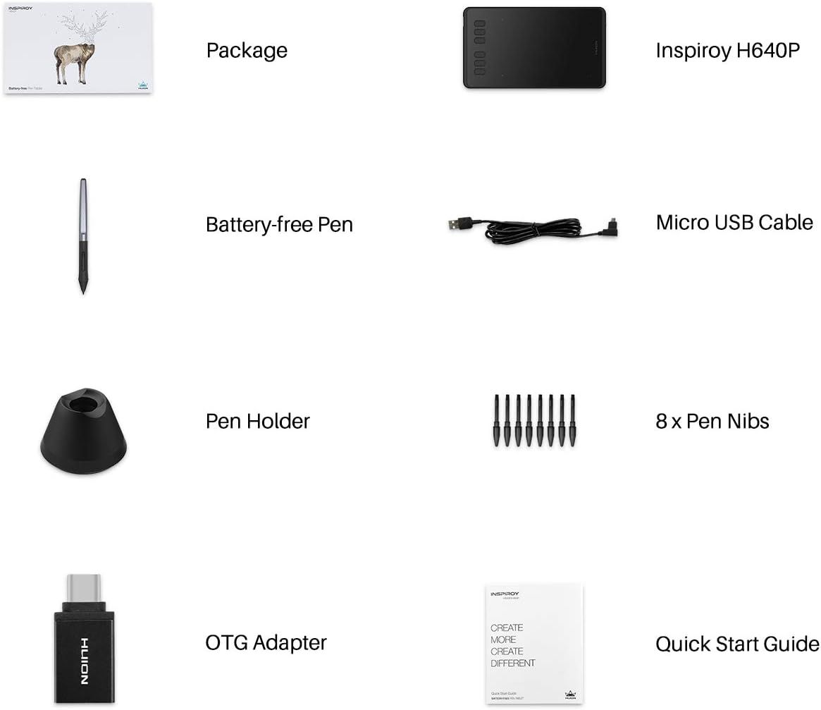 Shows all items included in the package to help shoppers understand exactly what they will receive with their purchase of the Inspiroy H640P drawing tablet.