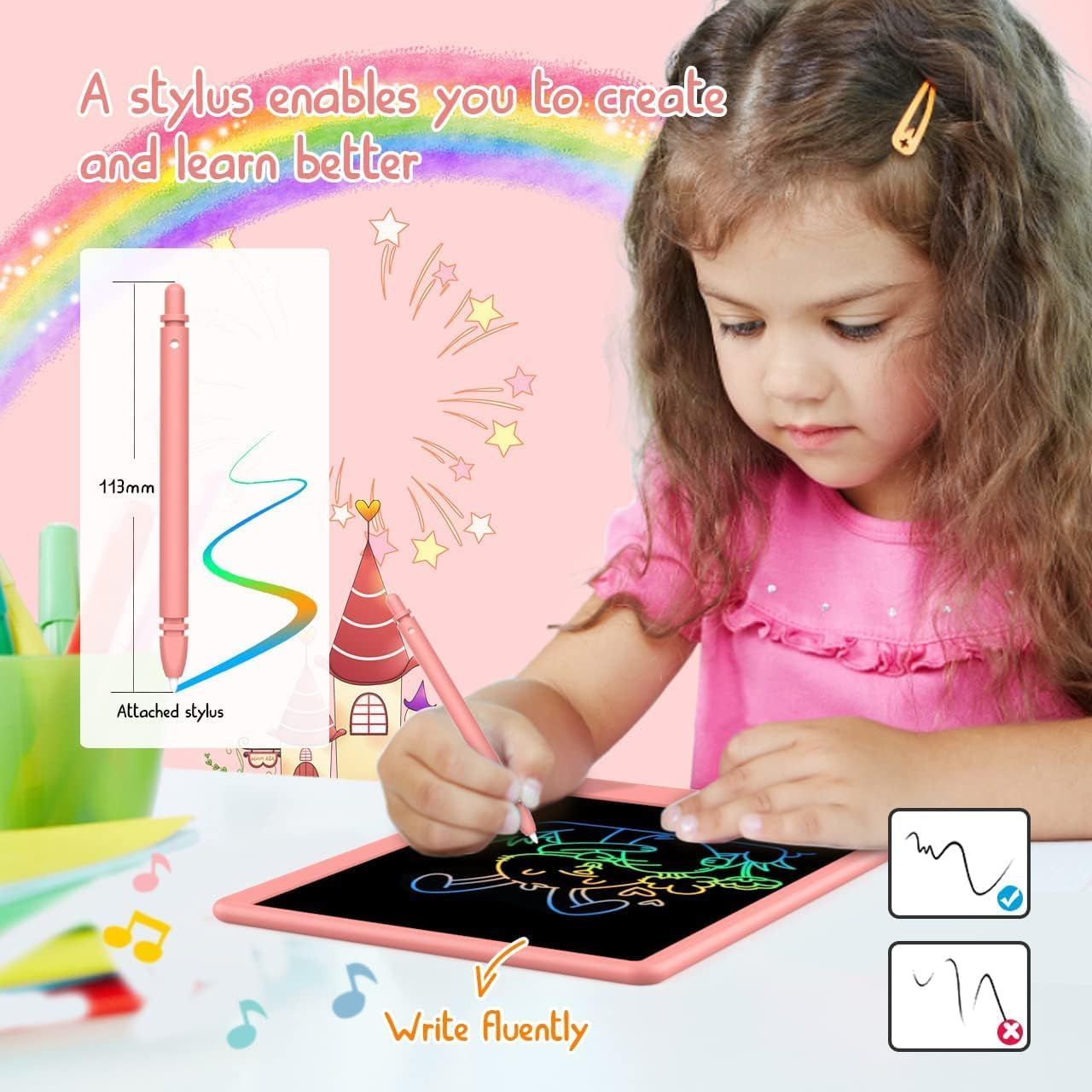 Communicates multiple benefits of the tablet stylus including its attached design, smooth writing capability, and educational value for children.