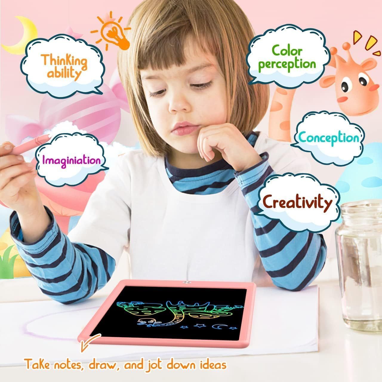 Communicates multiple developmental and cognitive benefits of the drawing tablet for children, showing how it supports various aspects of learning and creative development.