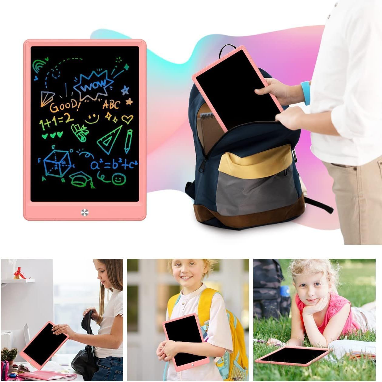 Demonstrates the versatility of the LCD writing tablet by showing it being used in multiple real-world scenarios—at school, at home, and outdoors—to reassure shoppers that it's suitable for various…