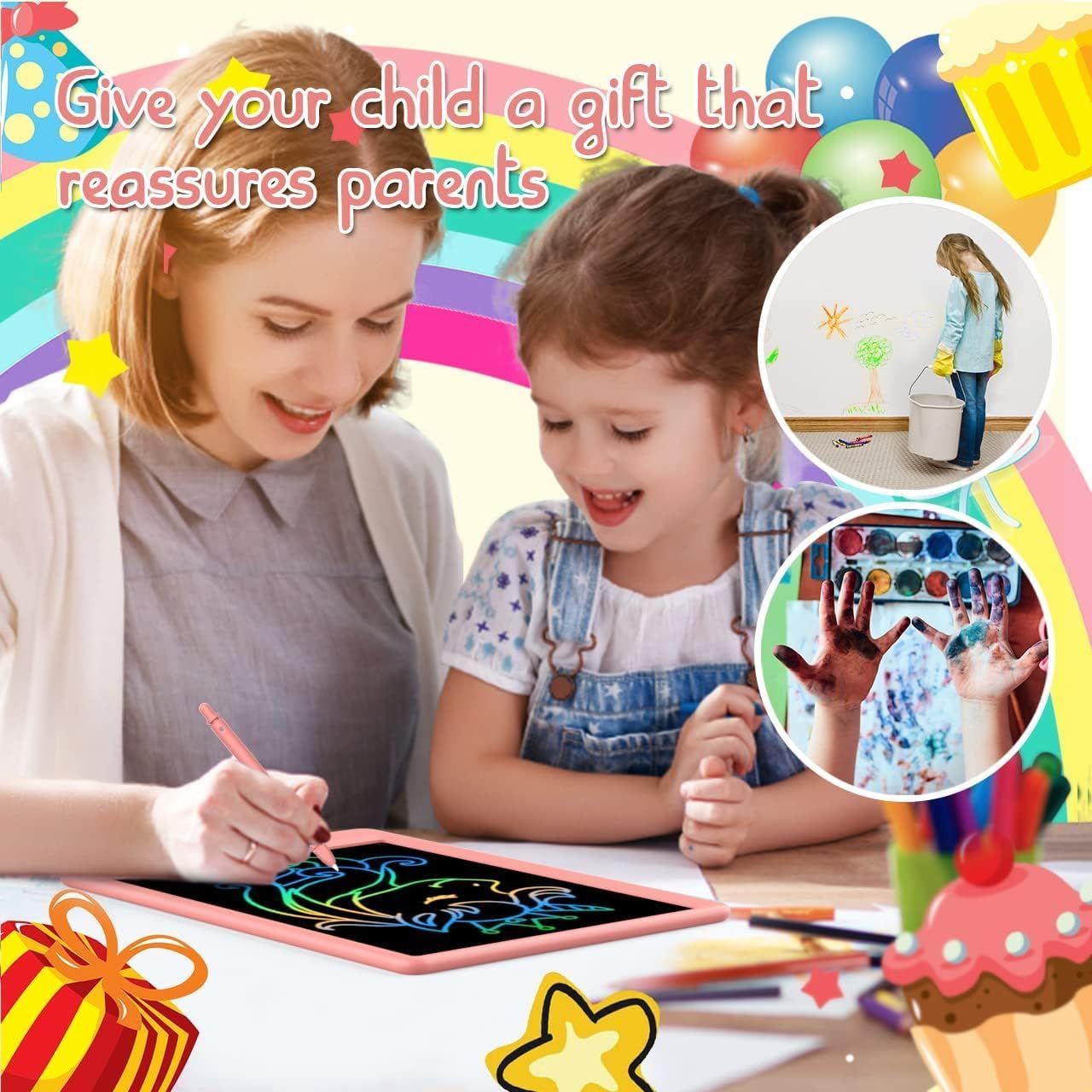 Positions the product as a thoughtful gift for children that reassures parents, leveraging seasonal/gifting messaging with festive visual elements like balloons, party hats, and gift boxes.…