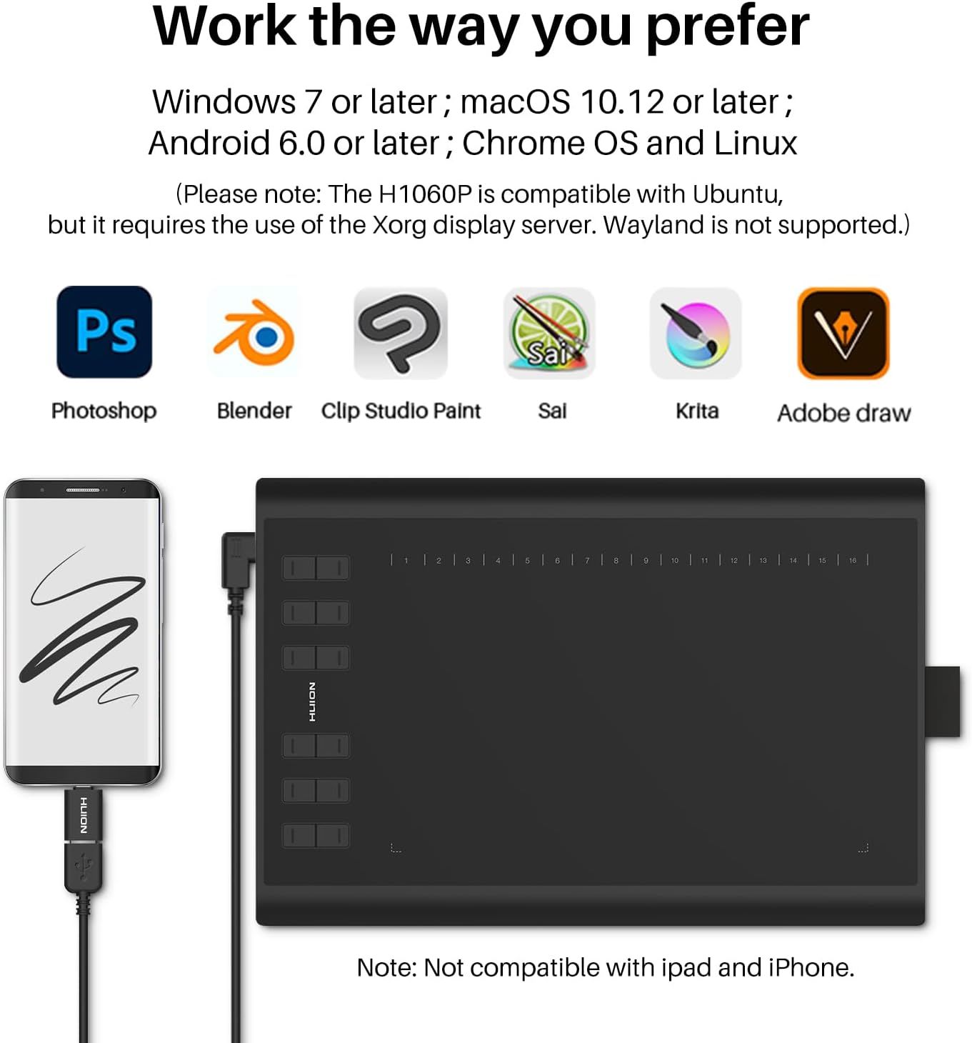 Communicates which operating systems and devices the drawing tablet is compatible with, reassuring shoppers about technical requirements and device support before purchase. Demonstrates the tablet…