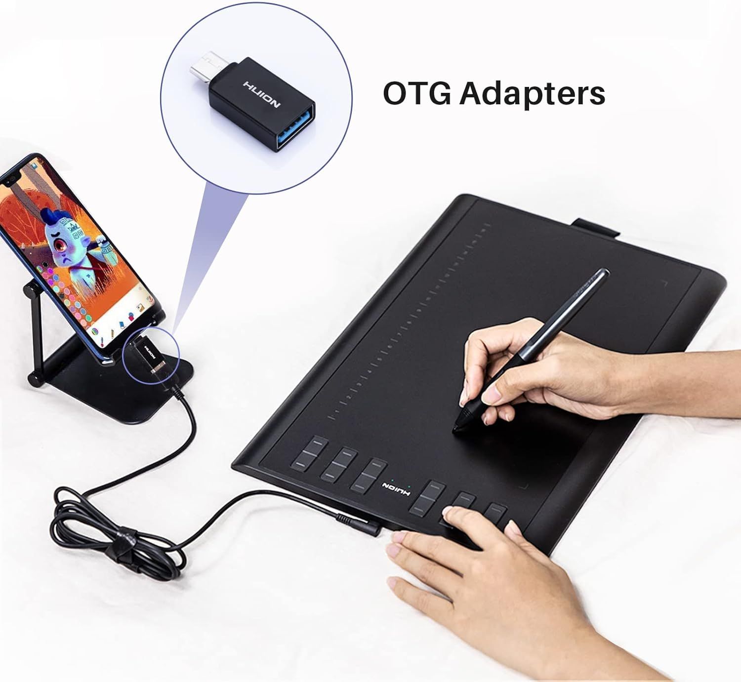 Demonstrates how the drawing tablet can be used with mobile devices via OTG adapters, showing the product's versatility and compatibility across different platforms.