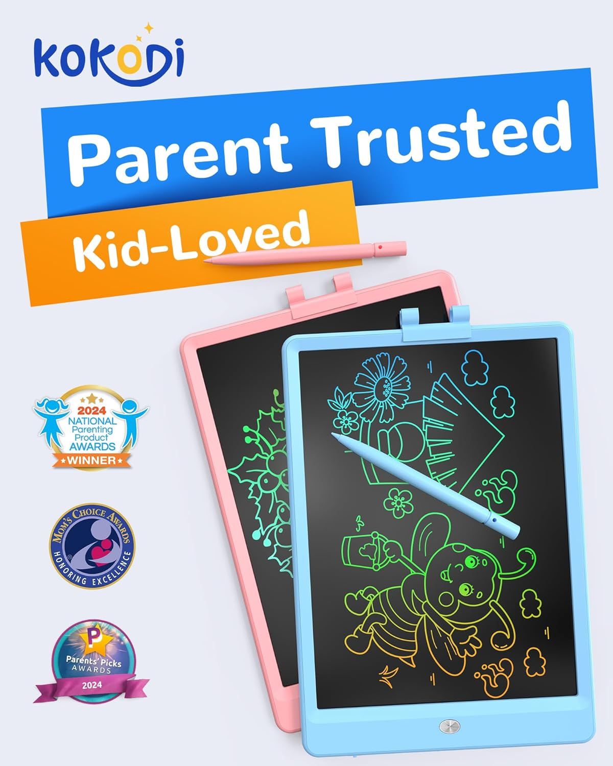 Establishes brand credibility and trust by highlighting the Kokodi brand name, emotional positioning ('Parent Trusted, Kid-Loved'), and multiple award badges to reassure parents this is a…