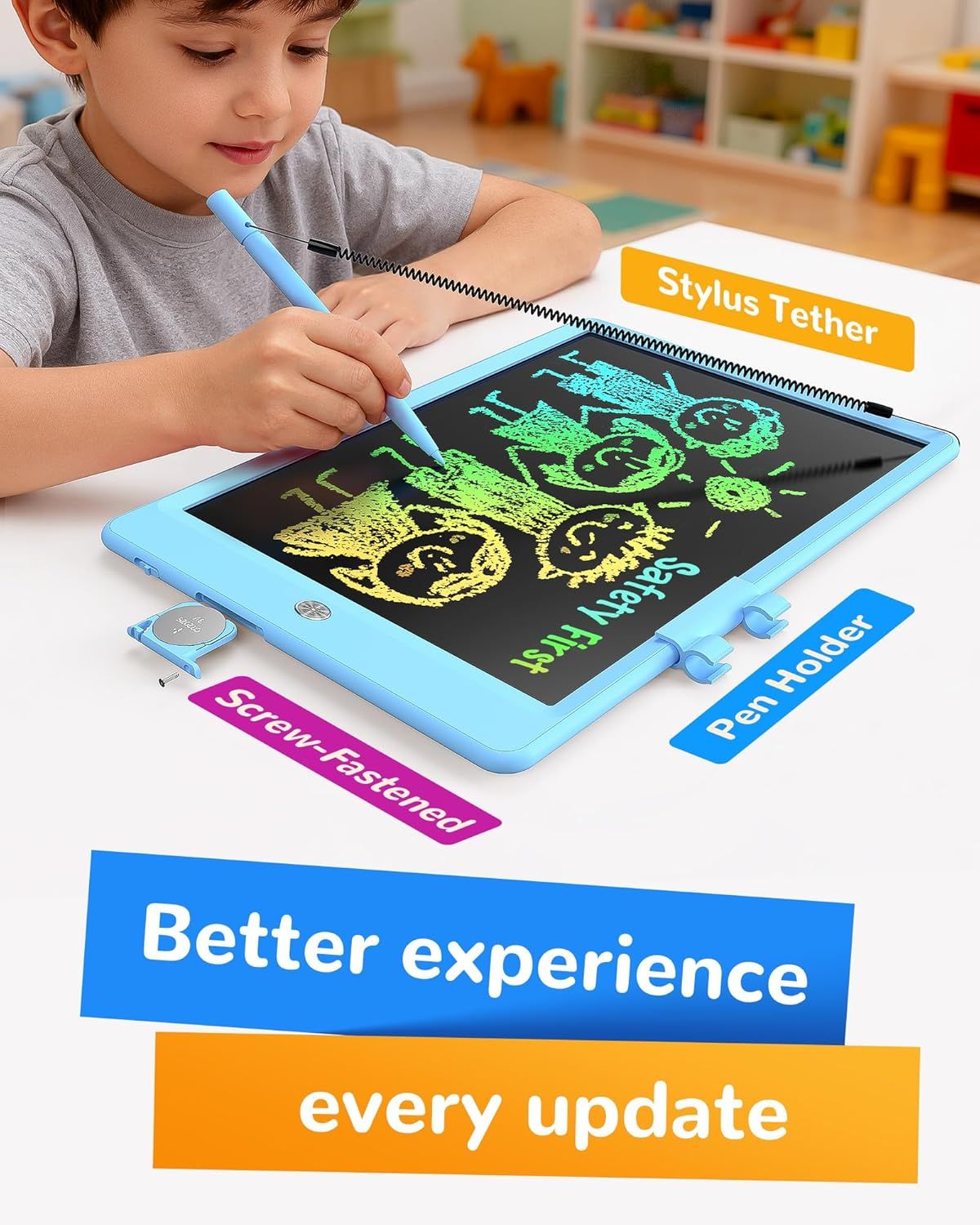 Highlights multiple product improvements and features including the stylus tether, screw-fastened design, pen holder, and ongoing product updates to reassure parents of quality and continuous…
