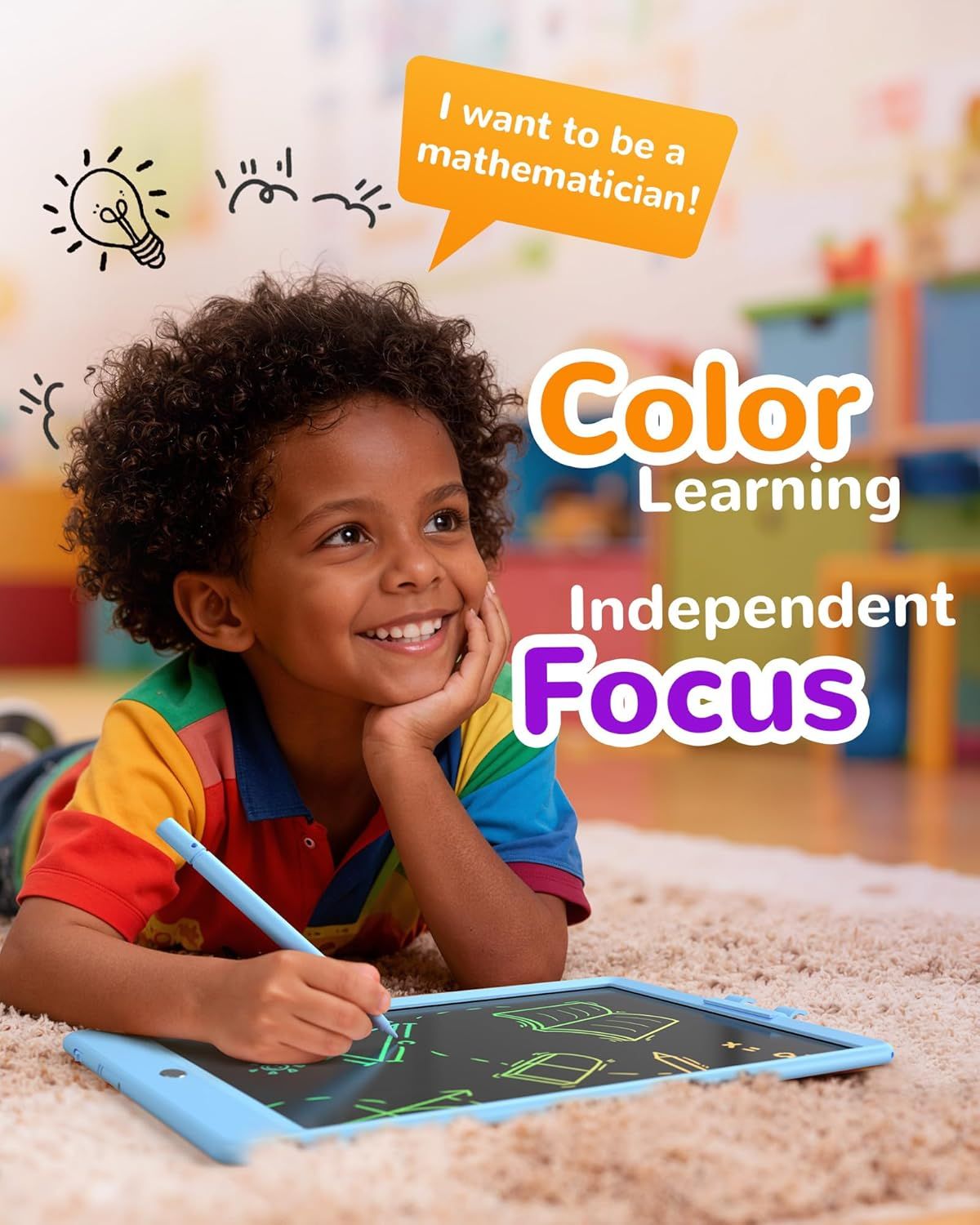 Communicates multiple educational benefits of the product including color-based learning, ability to foster independent focus, and engaging educational experience for children.