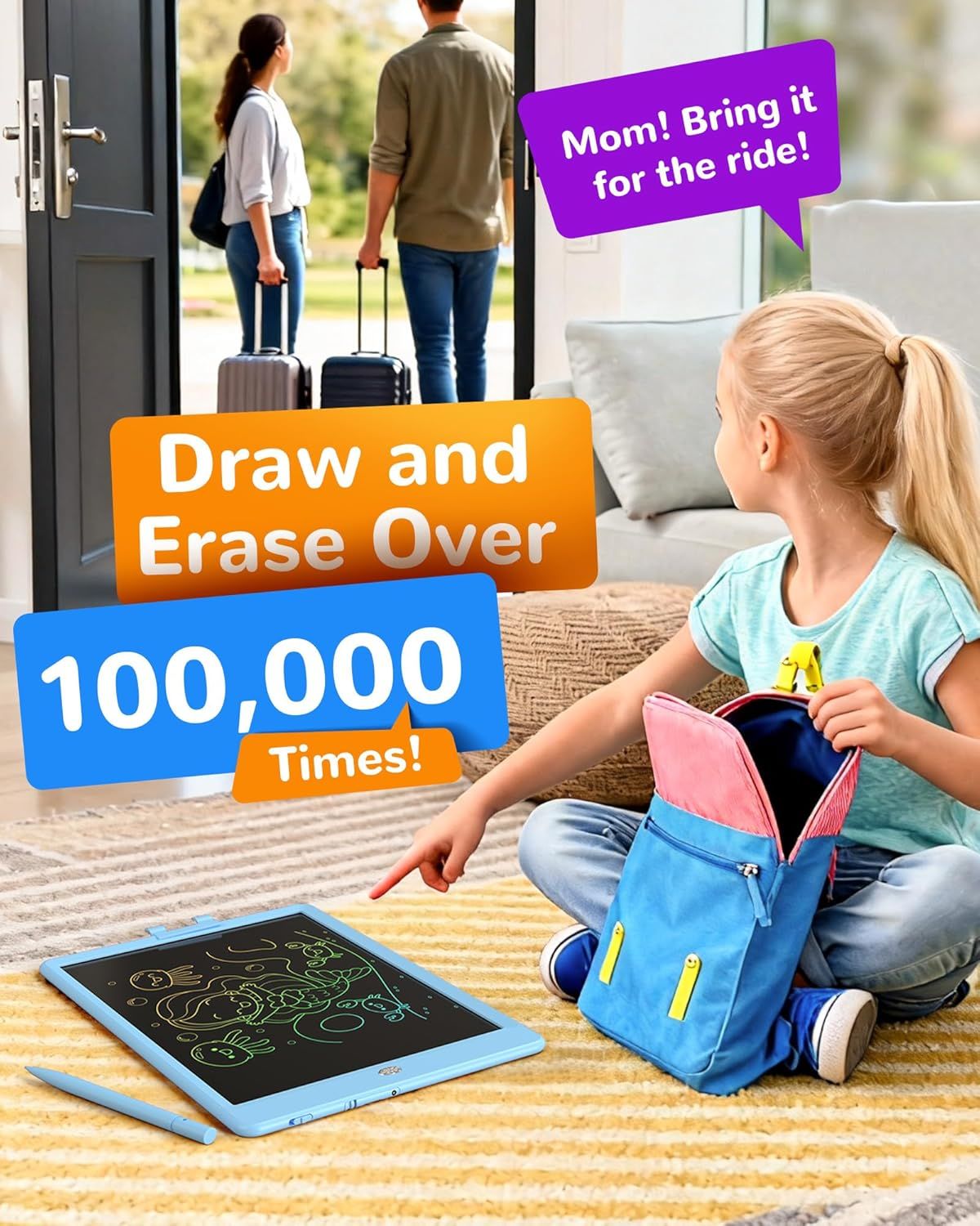 Highlights the product's exceptional reusability with a bold quantifiable claim (100,000 times) to reassure shoppers of its long-lasting value and durability. Shows the drawing tablet being used by…