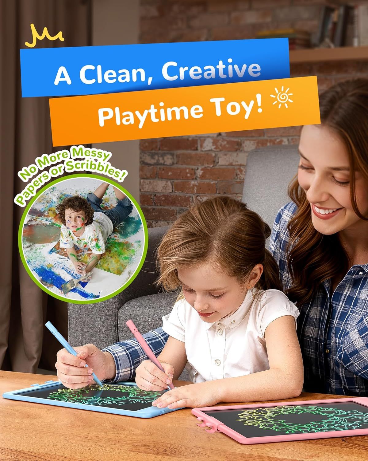 Communicates that this drawing toy provides creative playtime without the mess of traditional art supplies like paper or markers, reassuring parents of easy cleanup.