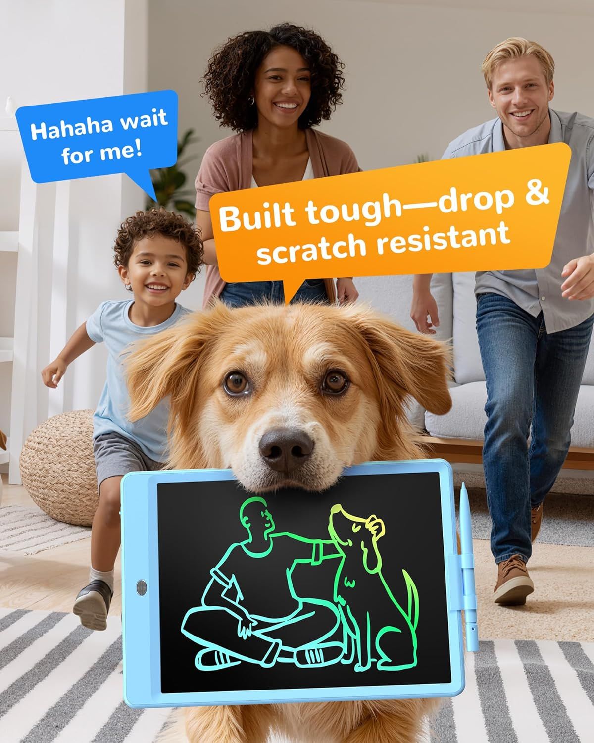 Highlights the product's durability and toughness to reassure parents that it can withstand drops and scratches from kids and pets.