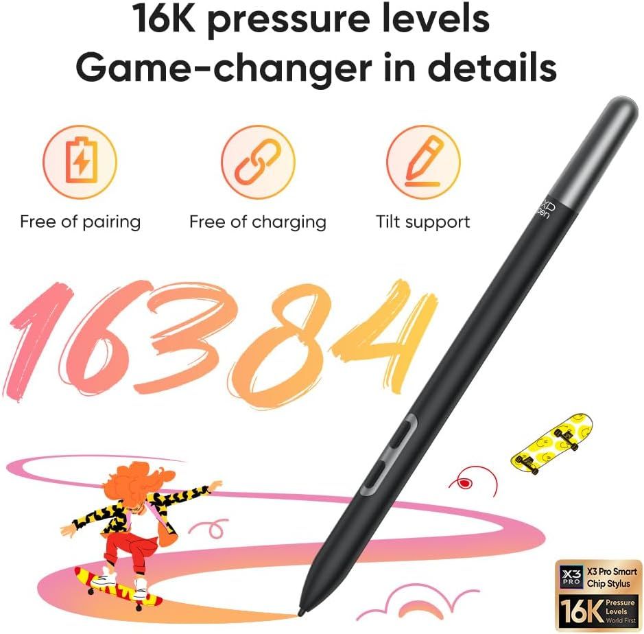 Communicates multiple technical benefits of the stylus pen in a segmented layout, emphasizing its advanced pressure sensitivity and convenience features to reassure shoppers of its…