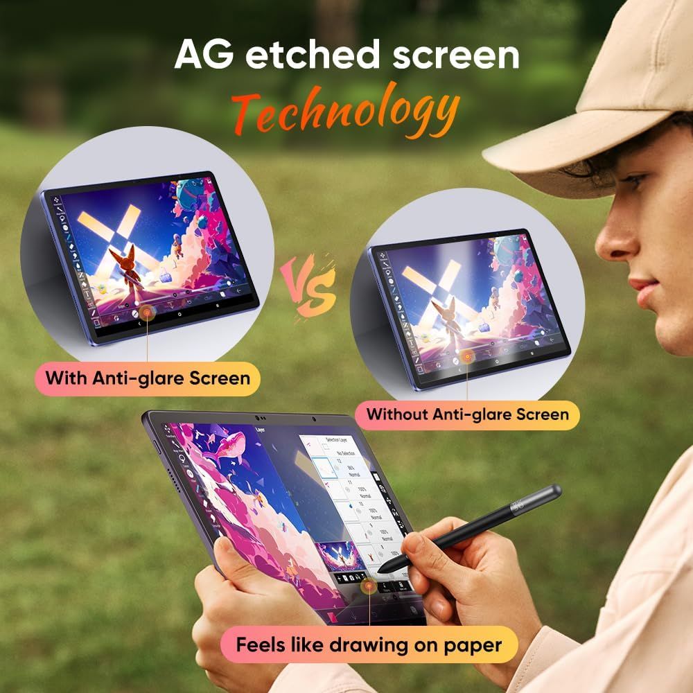 Demonstrates the superiority of the AG etched screen technology by comparing the product with anti-glare screen versus without, showing how it reduces glare and provides a paper-like drawing…