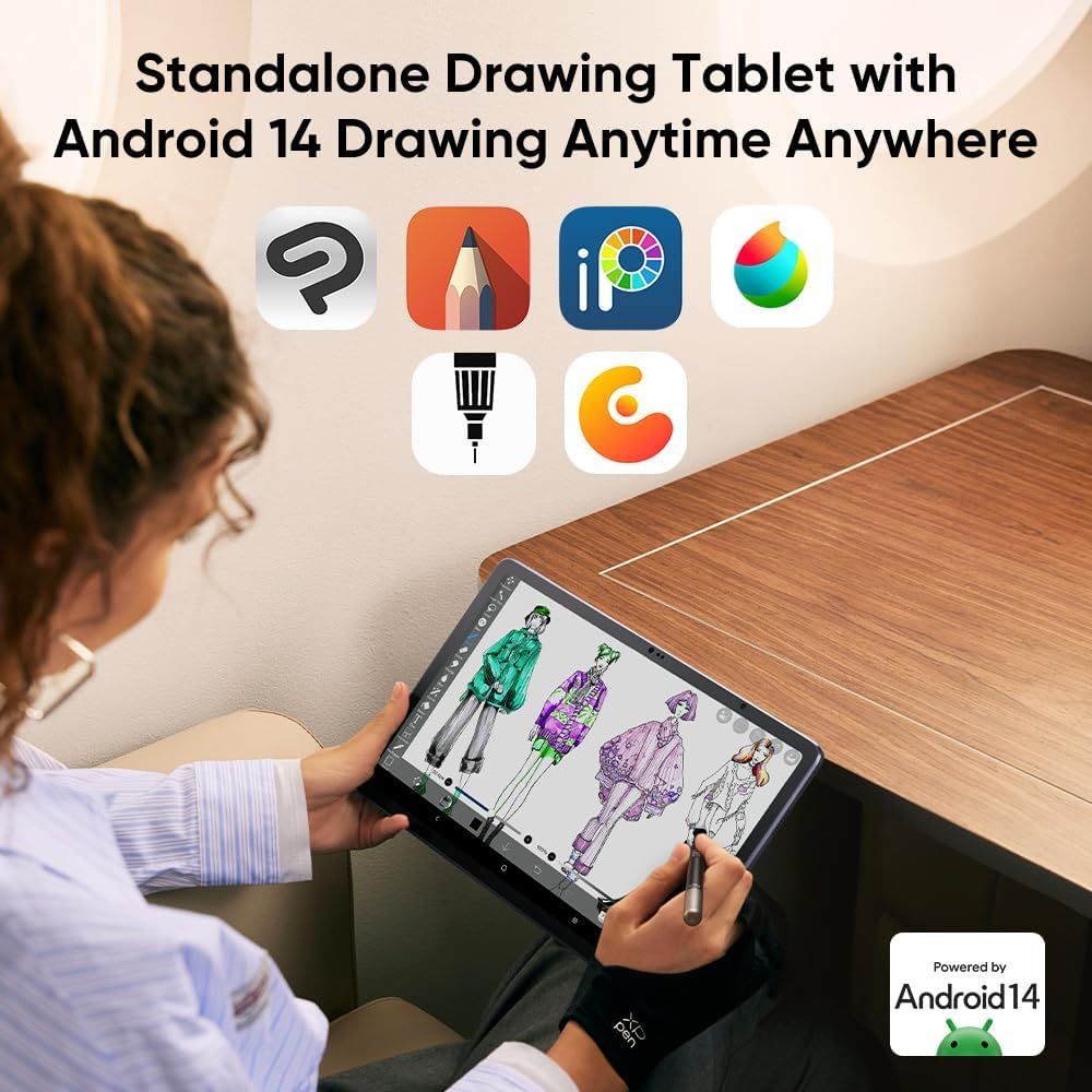 Demonstrates the tablet's compatibility with multiple popular drawing applications and highlights its Android 14 operating system to reassure shoppers of versatility and software support.…