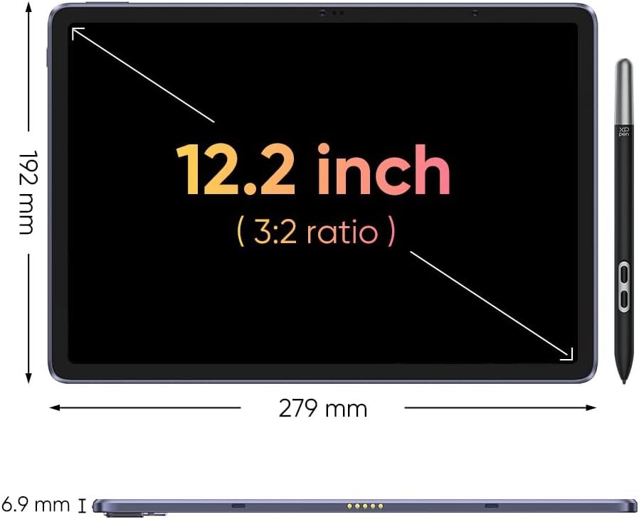 Communicates the exact physical dimensions of the tablet (screen diagonal, width, height, and thickness) to help shoppers understand the product's size and portability.