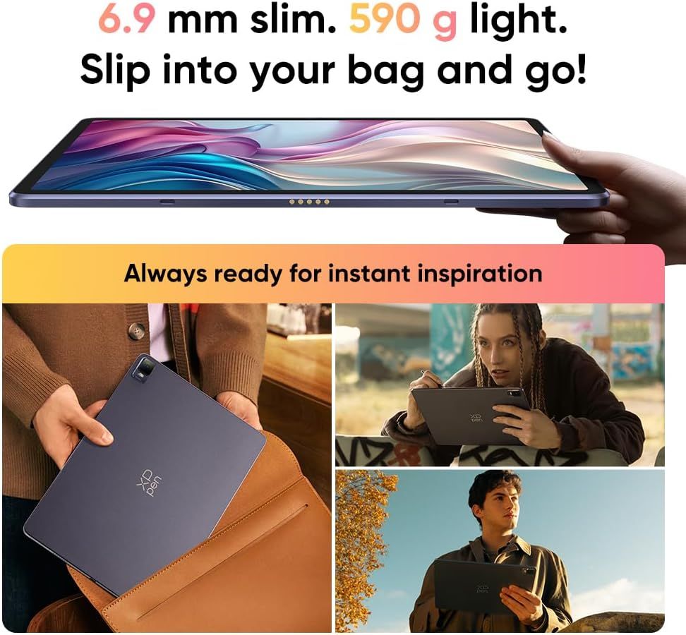 Communicates the tablet's ultra-slim and lightweight design to emphasize portability and convenience for on-the-go use. Reinforces the core benefit of portability by showing the tablet easily slips…