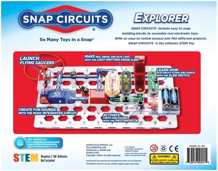 Showcases multiple distinct features and play functions of the SNAP CIRCUITS Explorer toy to demonstrate its versatility and educational value as a STEM learning tool.