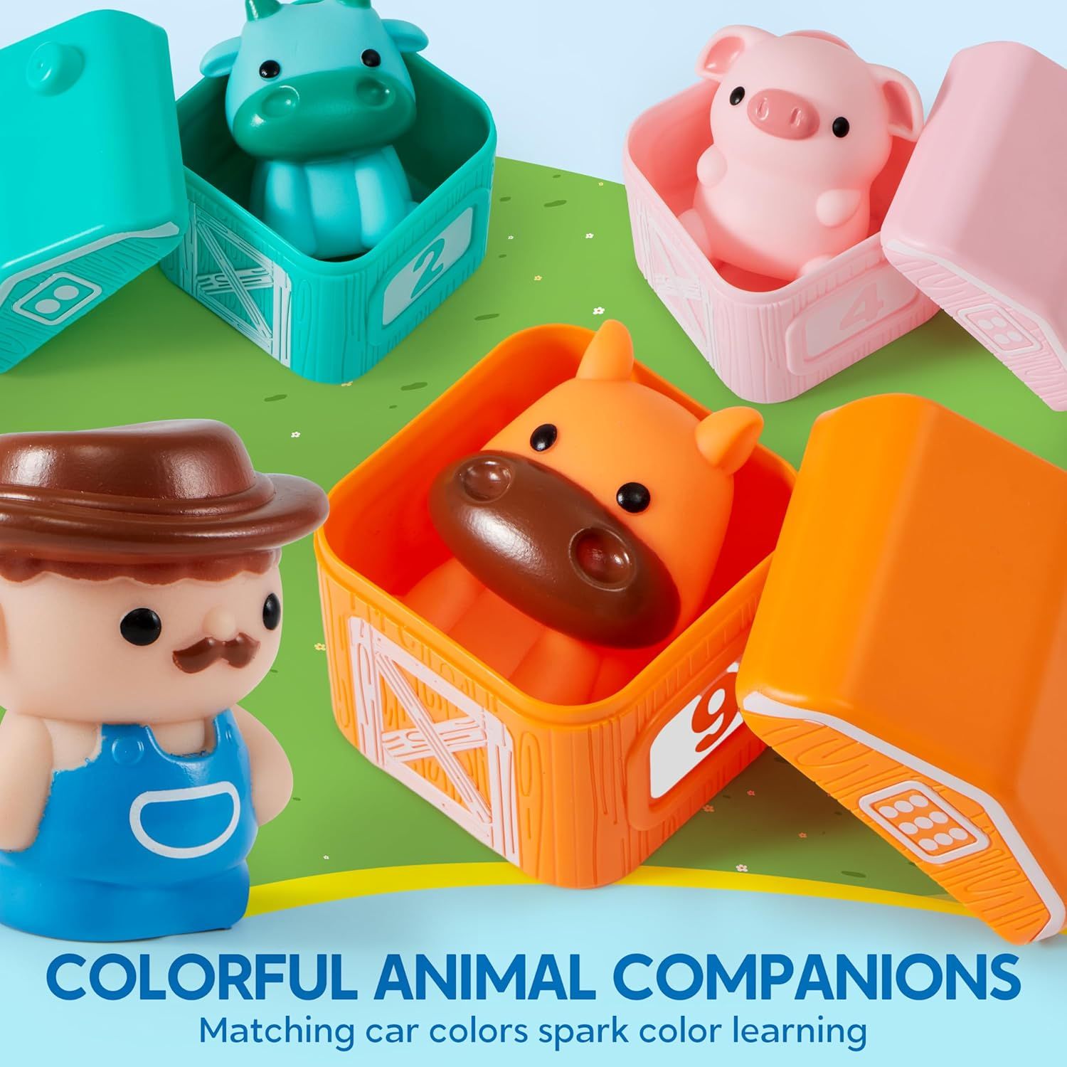 Communicates that the toy set includes colorful animal companions that match the car colors, helping children learn colors through play.
