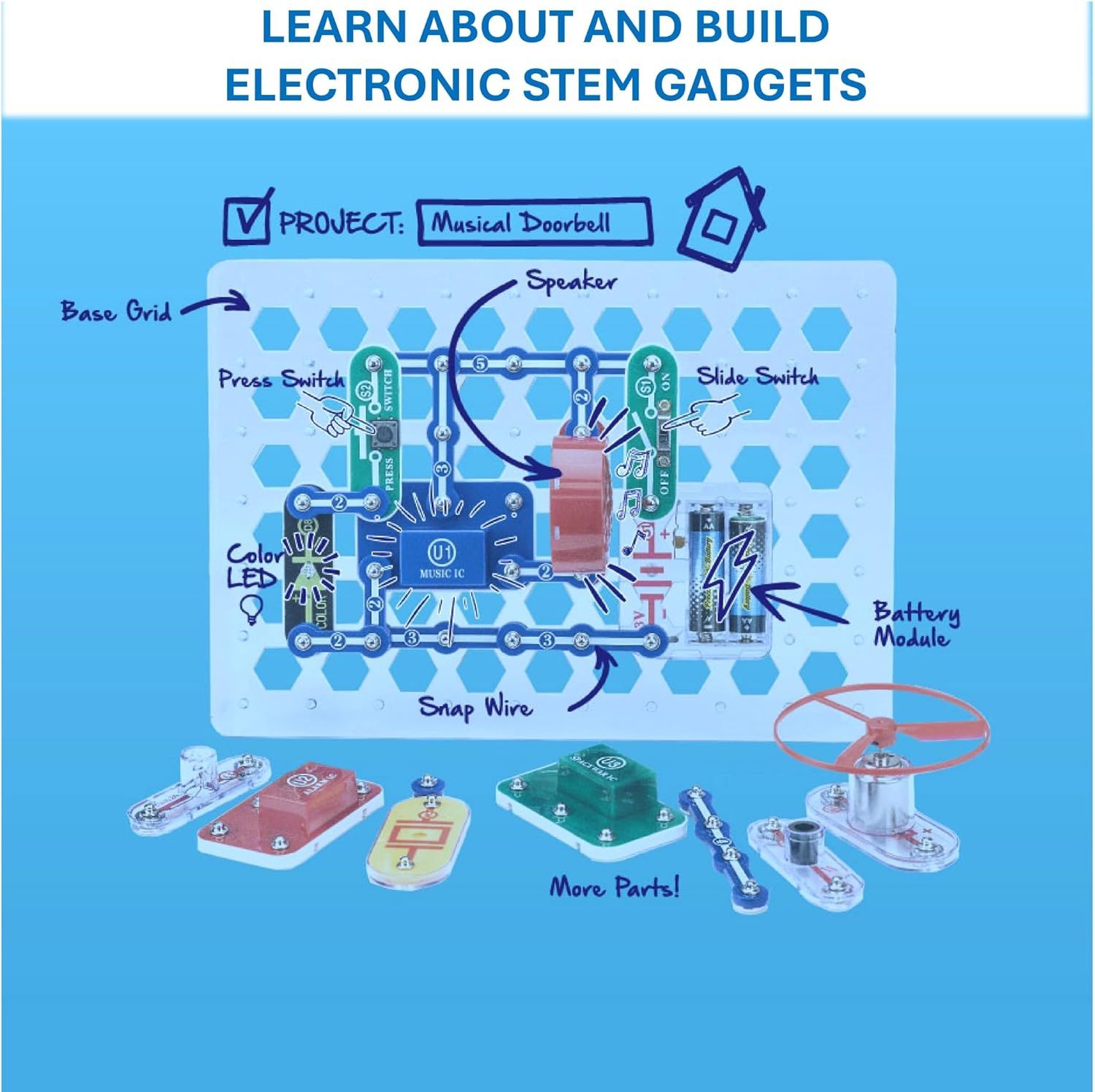 This image teaches shoppers how to assemble and build an electronic STEM gadget (musical doorbell) by showing the layout of components and how they connect together on the base grid. Shows all the…