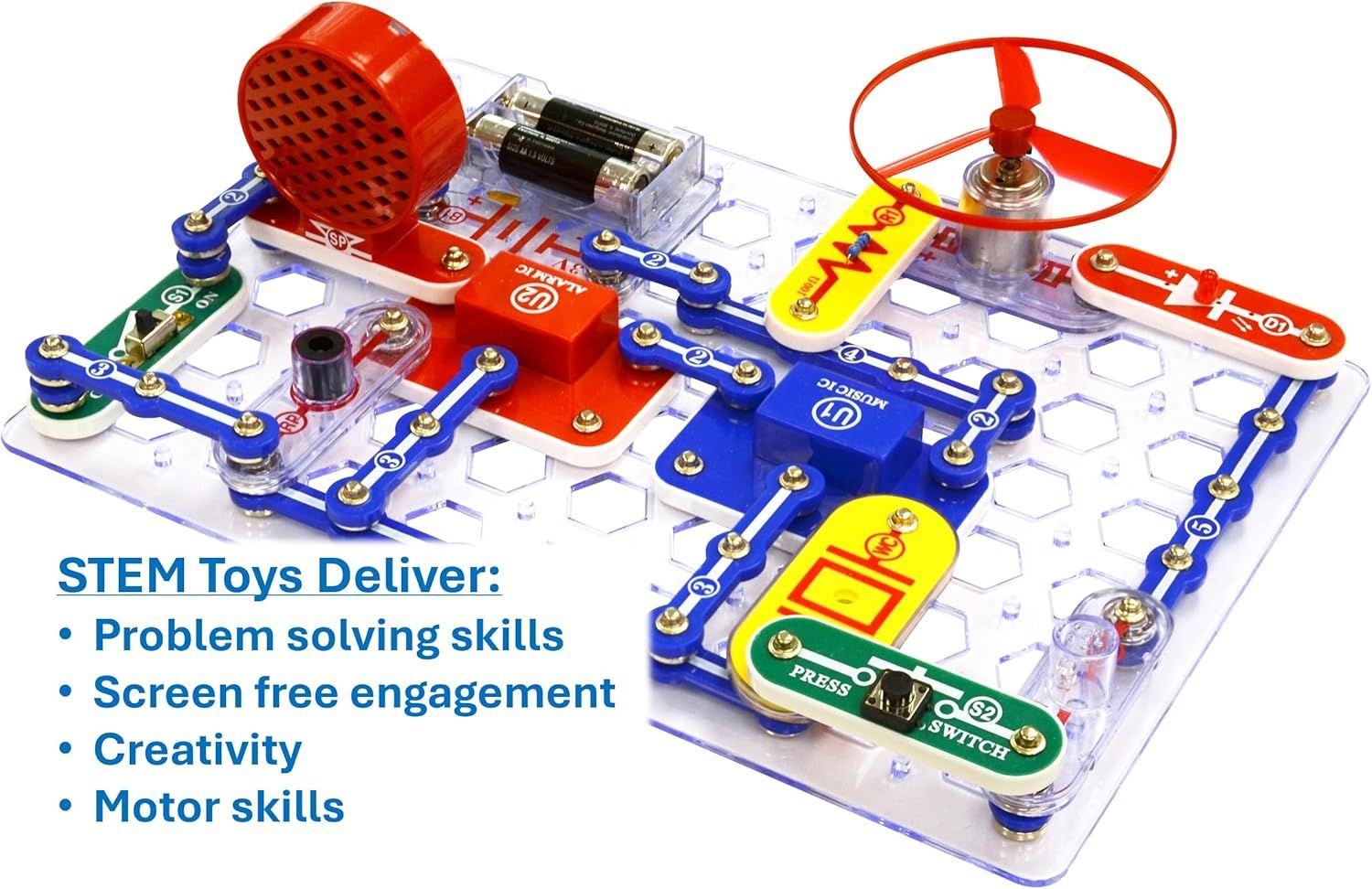 Communicates the educational and developmental benefits of this STEM toy, emphasizing multiple learning outcomes including problem solving, screen-free play, creativity, and motor skill development.