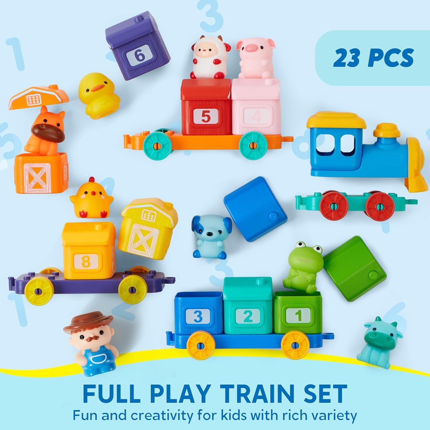 Shows all the components included in the toy set to help shoppers understand the complete value and variety they will receive, emphasizing the rich play options with 23 pieces.