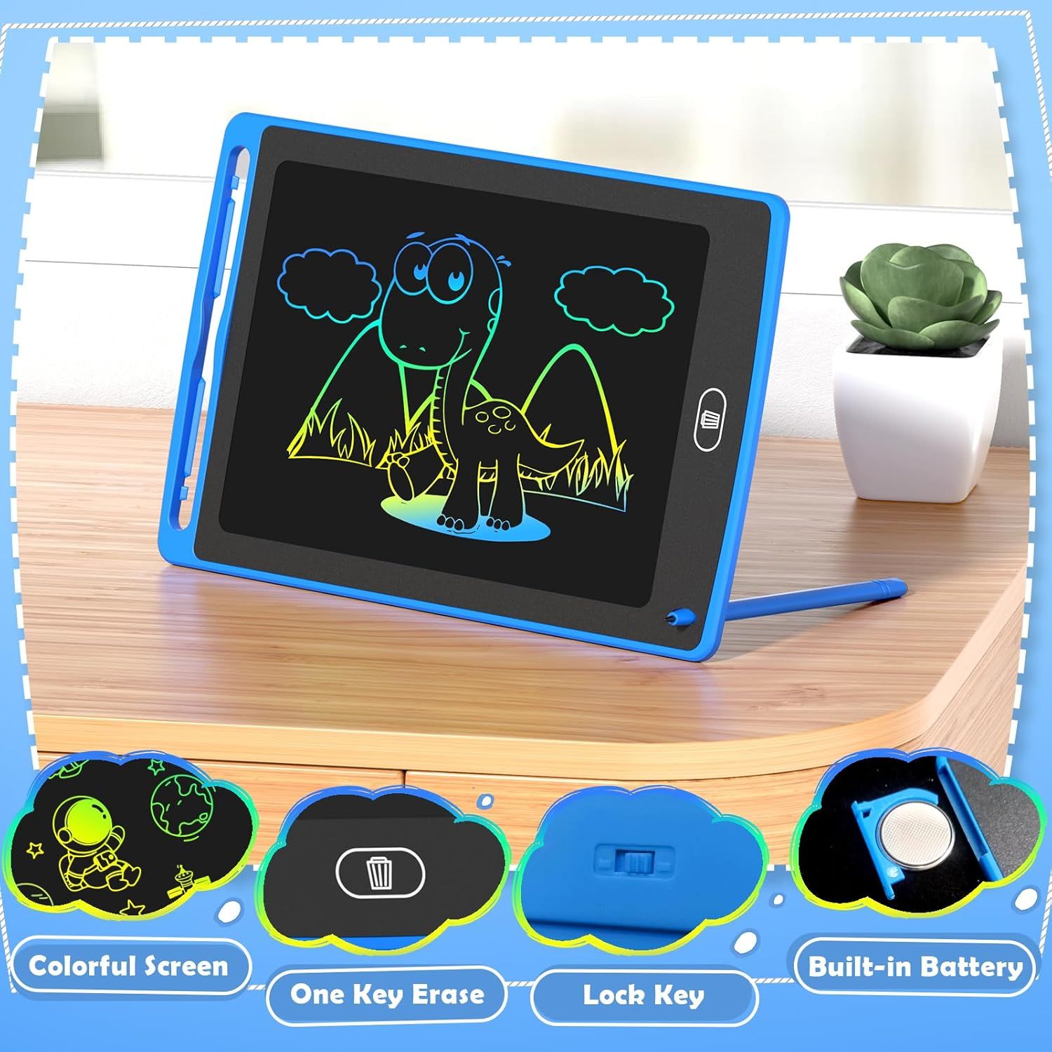 Showcases multiple distinct features of the LCD writing tablet in a segmented layout to communicate its versatility and key functionalities to shoppers.