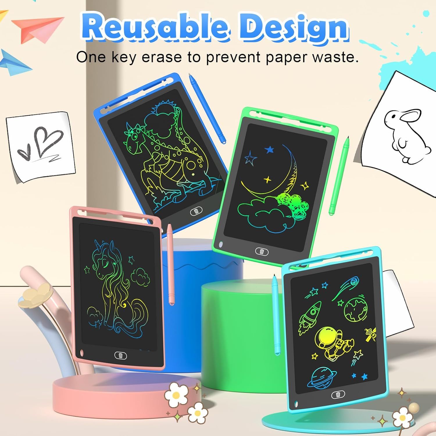 Communicates the environmental benefit of the product by emphasizing its reusable design that eliminates paper waste, appealing to eco-conscious shoppers. Highlights the core benefit of the product…
