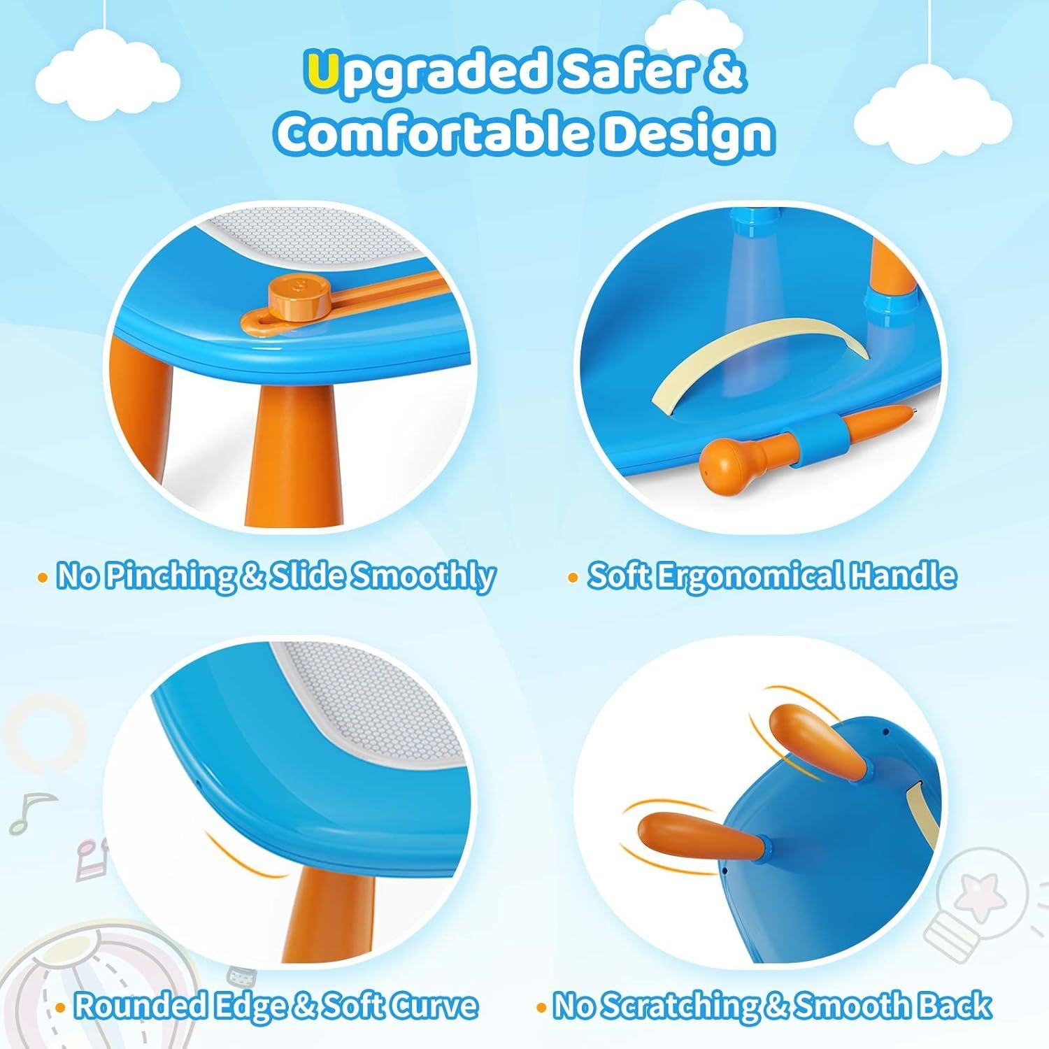 Communicates multiple safety and comfort features of the product through a segmented four-panel layout, reassuring parents that the product is designed with child safety and ease of use in mind.