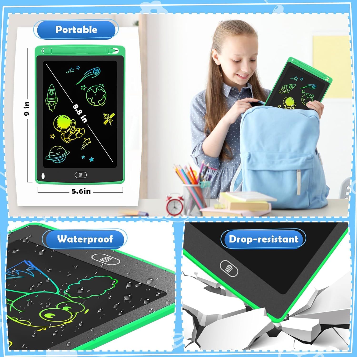 Communicates three distinct product benefits in a segmented layout: portability with size dimensions, waterproof protection, and drop-resistant durability to reassure parents the drawing tablet is…