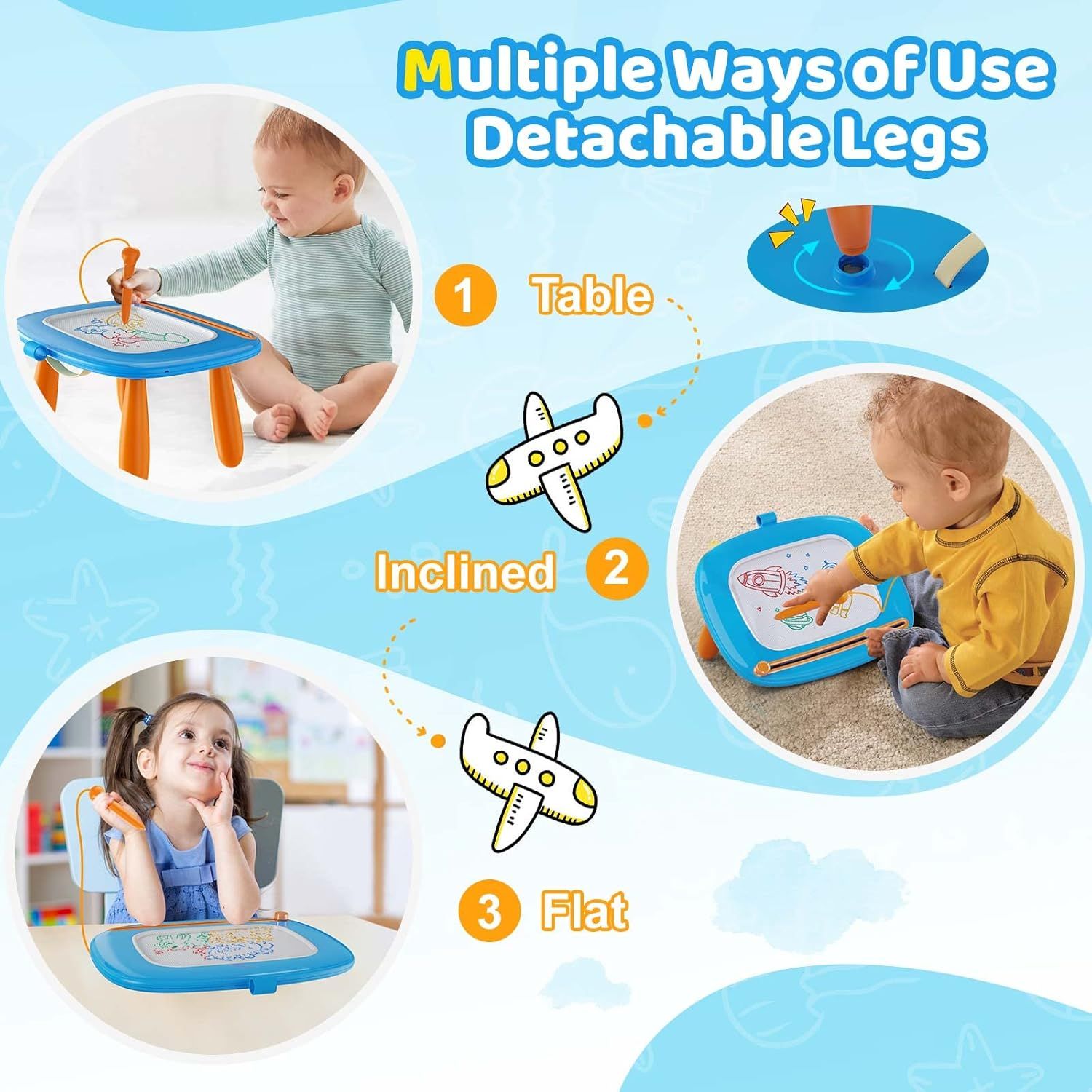 Demonstrates the product's versatility by showing three different ways to use the drawing table (as a standing table, inclined, or flat), reassuring parents that it adapts to different play…