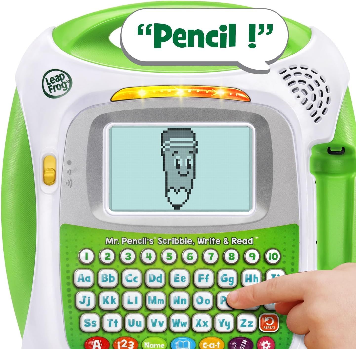 Demonstrates the product's interactive voice feature that speaks to children, making learning engaging and fun. The speech bubble 'Pencil!' shows how the toy provides audio feedback to reinforce…