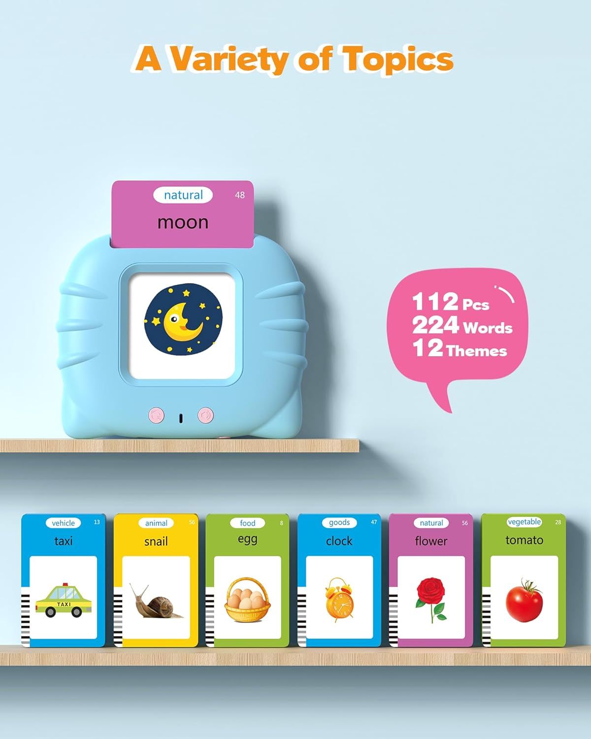 Communicates the breadth and variety of educational content included in the product, showing shoppers that it covers multiple topics and provides extensive learning material across 12 themes with…