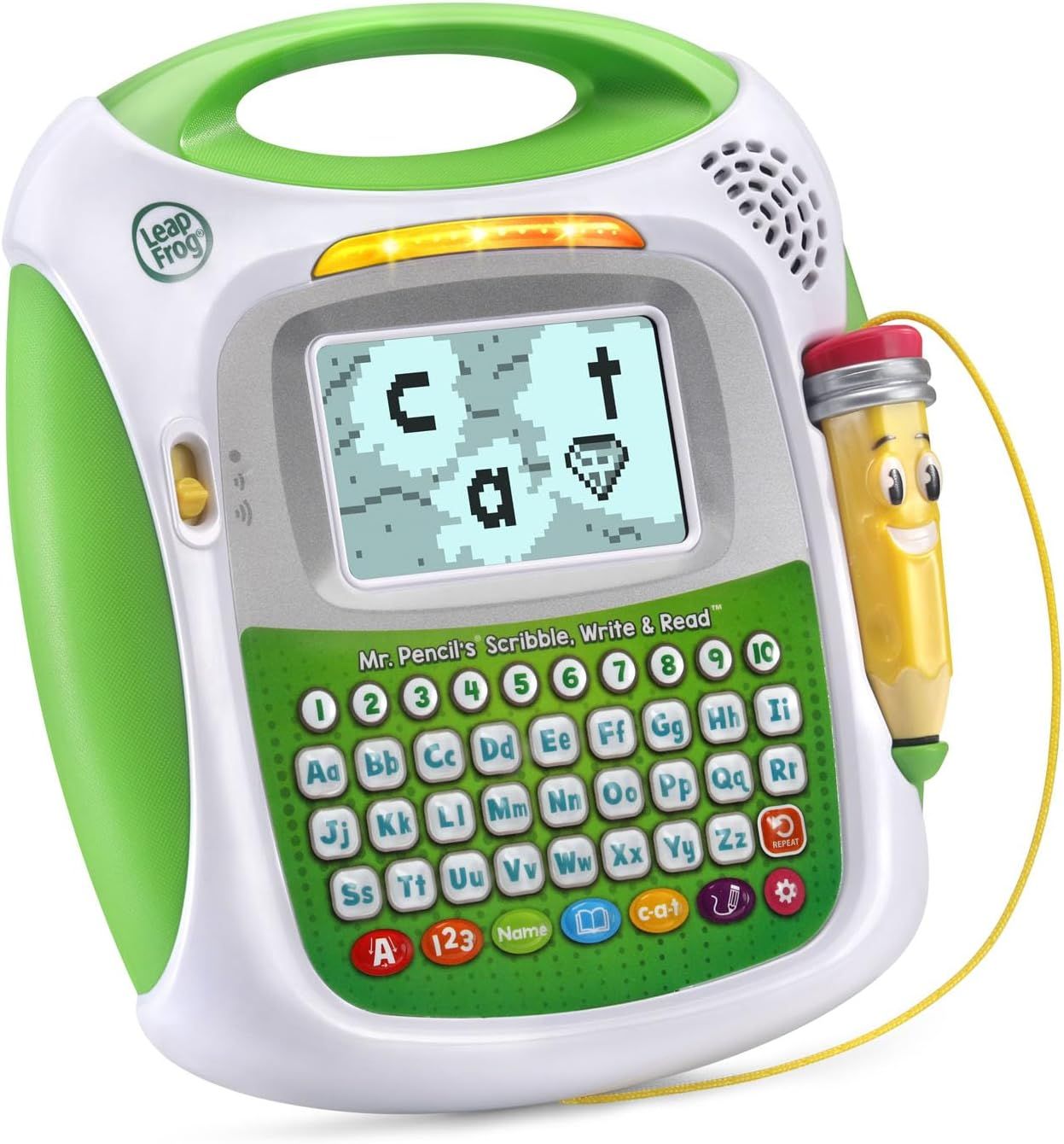 Provides a clean, catalog-style view of the LeapFrog educational toy showing the product's design, screen, keyboard, and attached stylus for shoppers to see the complete product.