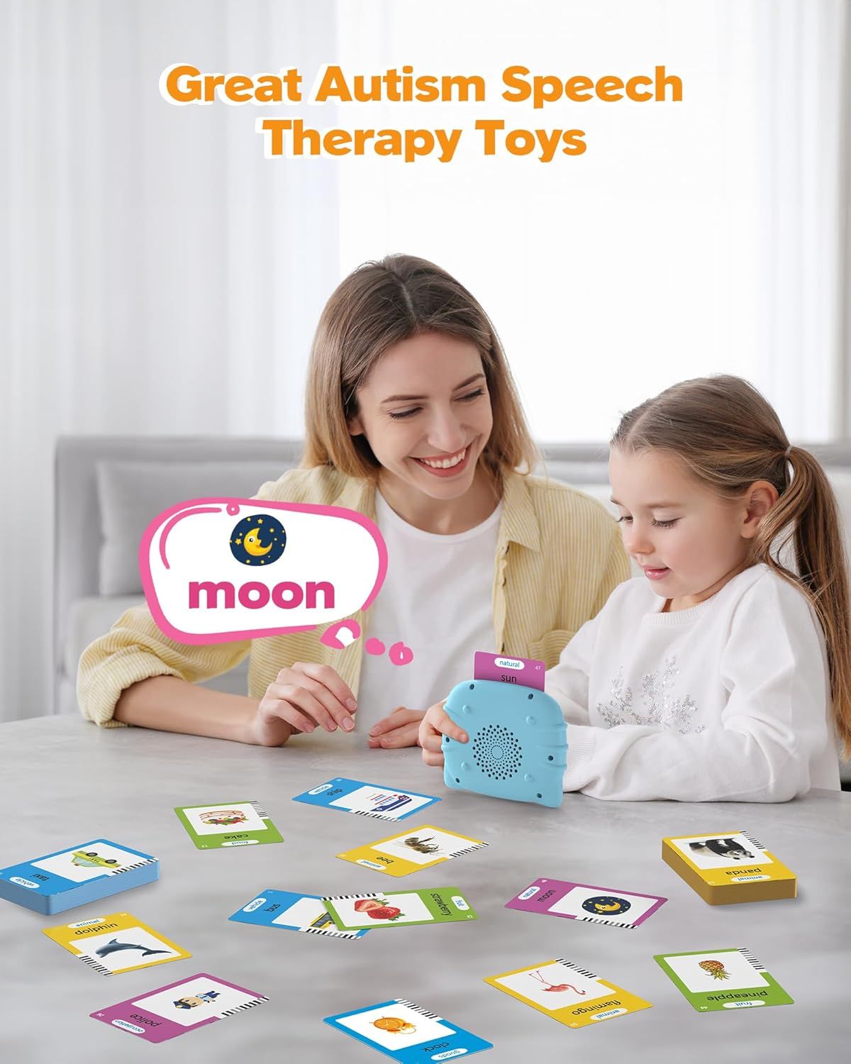 Demonstrates the product in a real-world educational setting with a caregiver and child using the speech therapy toy together, creating an emotional connection and showing the product's intended use…