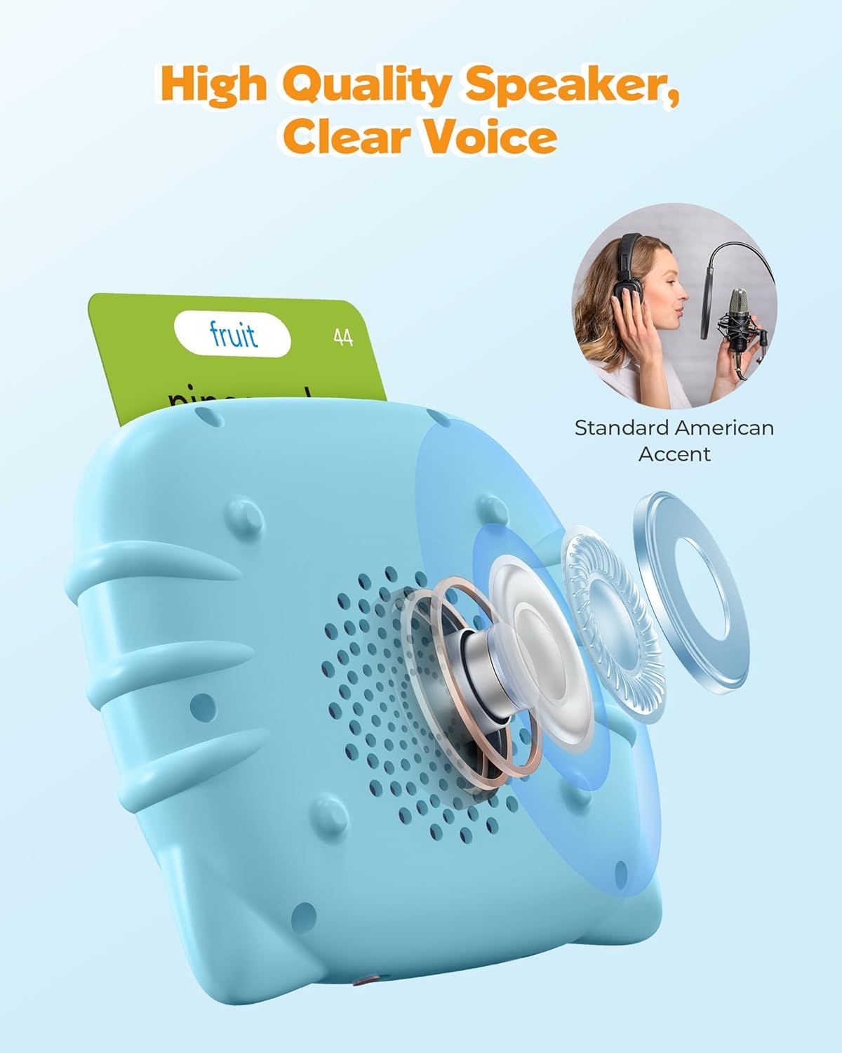 This image breaks down the internal speaker components in an exploded view to demonstrate the high-quality audio hardware and engineering that delivers clear voice output. Communicates the product's…
