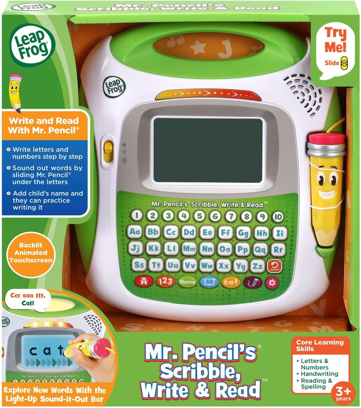 Communicates multiple educational benefits of the toy including step-by-step writing instruction, phonics learning, personalization features, and interactive touchscreen technology to help parents…