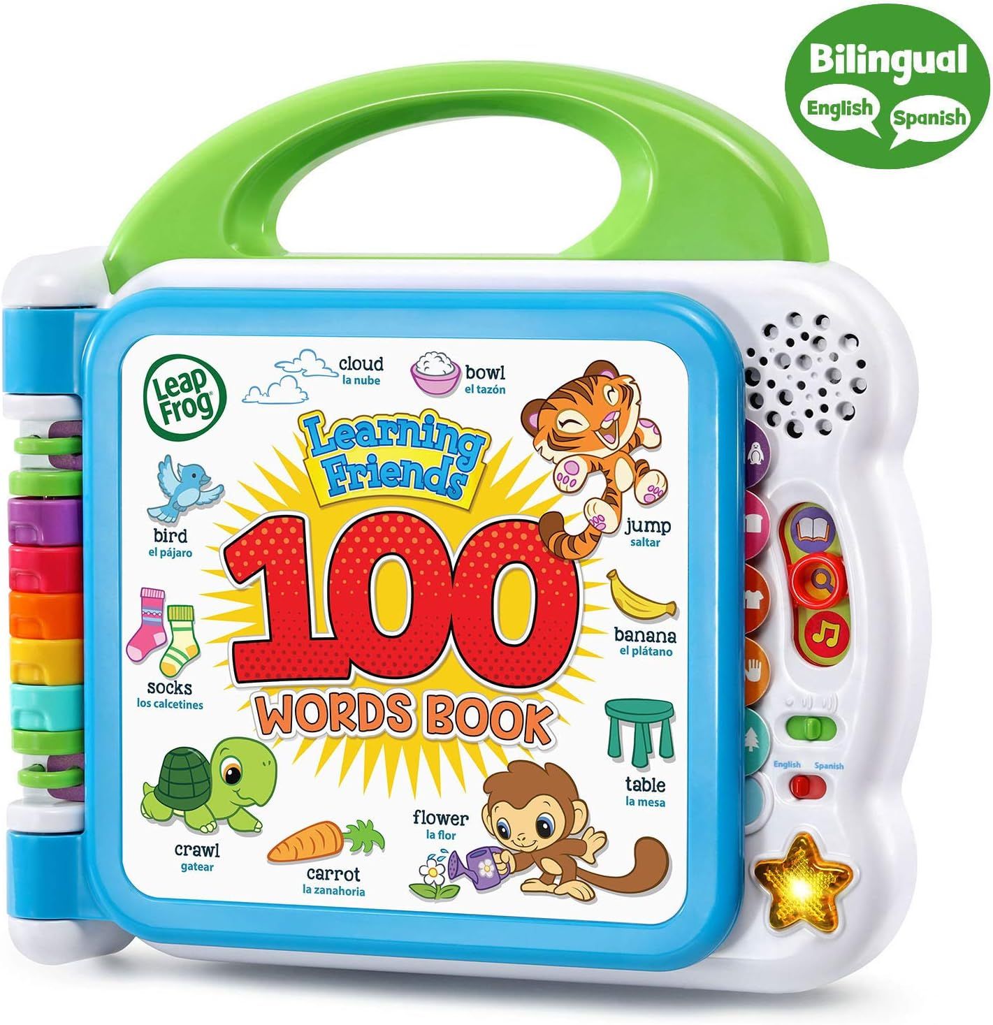 Provides a clean, catalog-style view of the LeapFrog Learning Friends 100 Words Book toy, showing the product's design, handle, interactive buttons, and bilingual features clearly without…