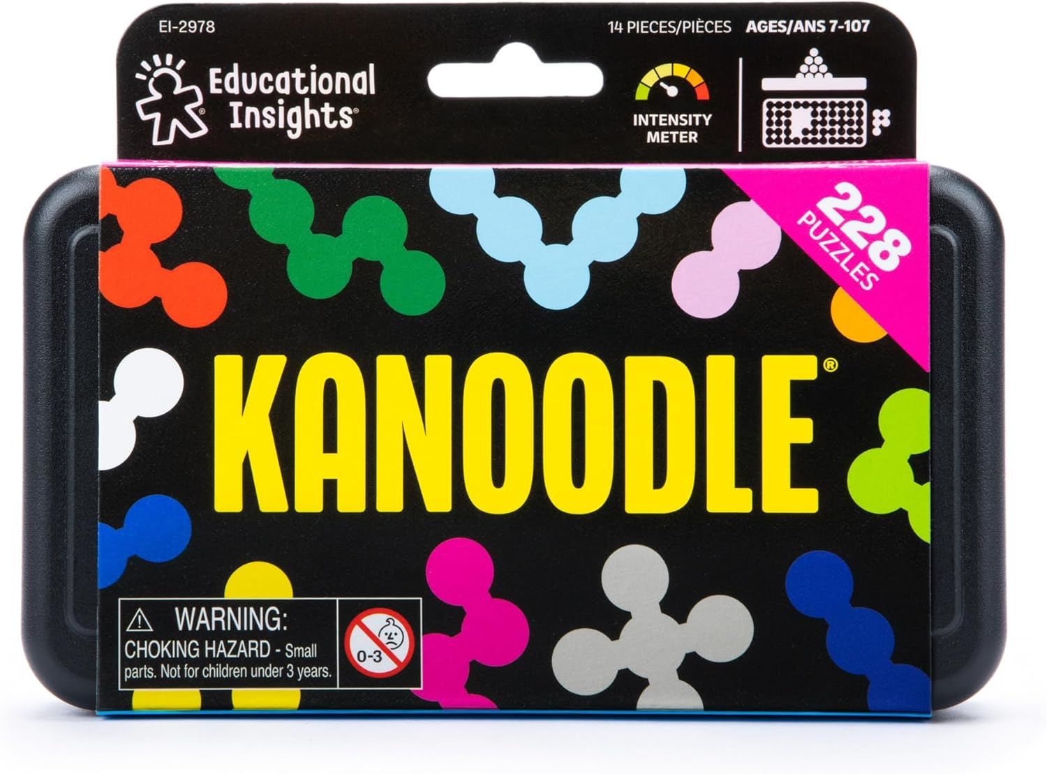 Shows the complete contents of the Kanoodle puzzle set, including the storage case and all puzzle pieces, to help shoppers understand what they receive in the package.